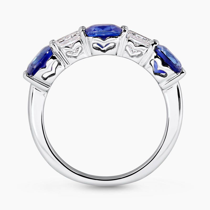 18ct white gold cushion shape blue sapphires & Asscher diamonds ring side profile