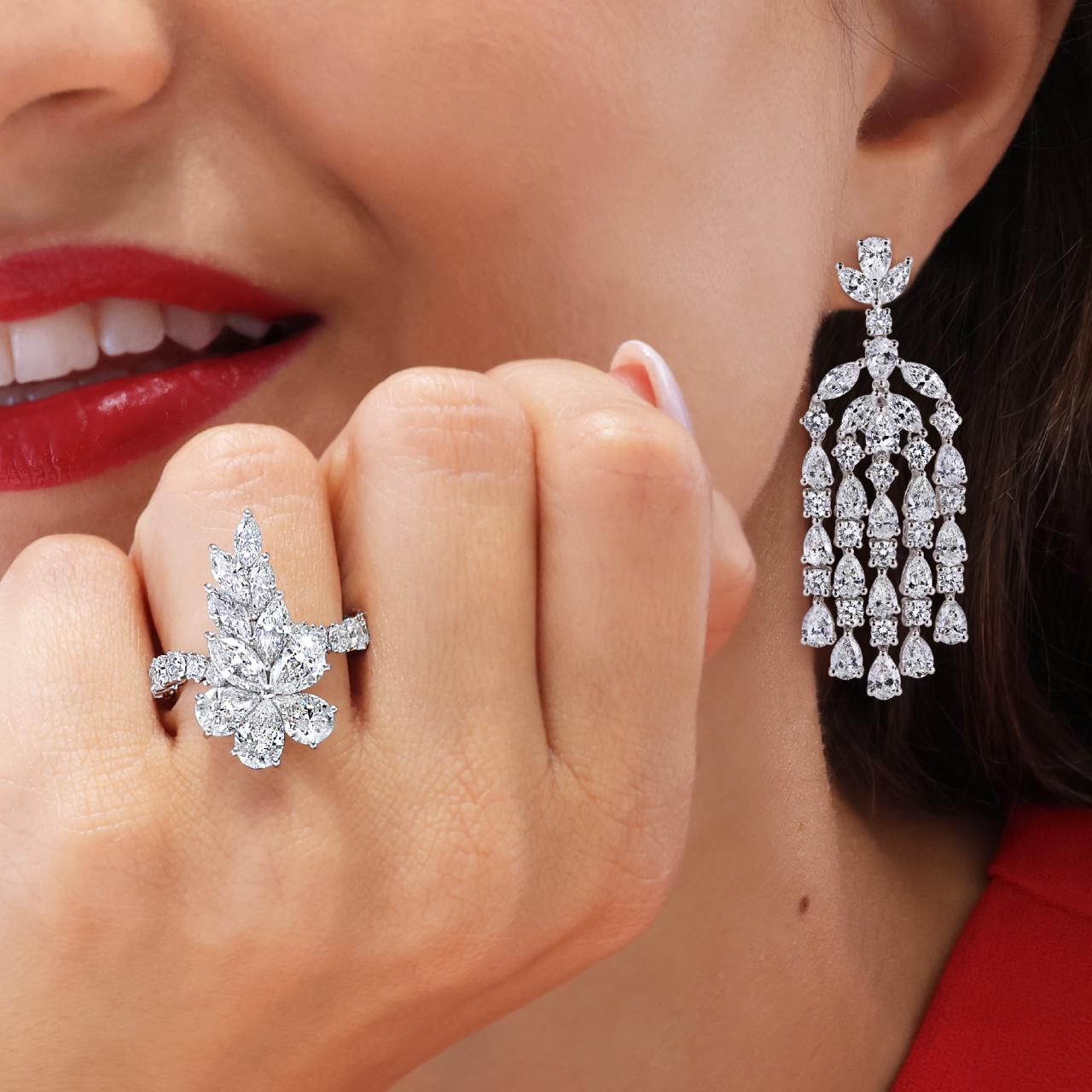 Platinum pear, marquise and round diamond set ladies dress ring