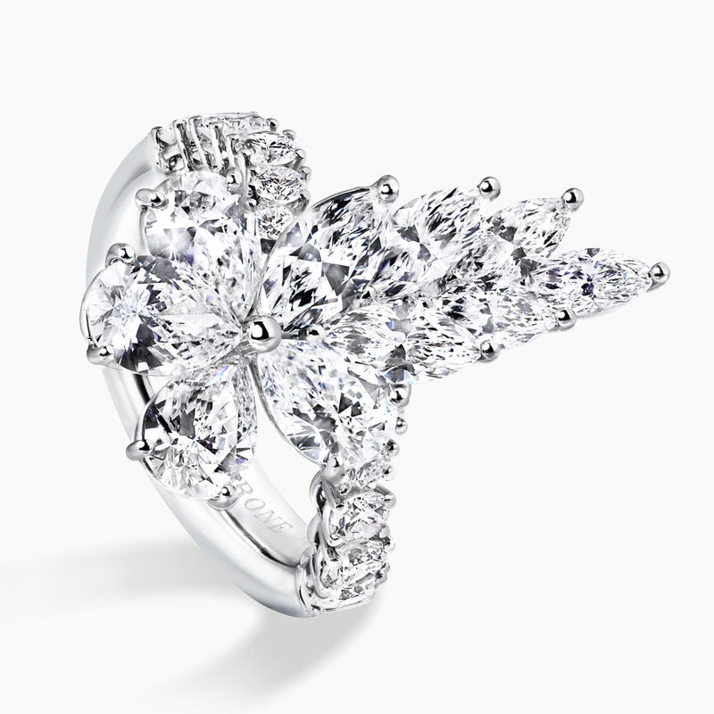 Platinum pear marquise and round brilliant cut diamond cluster ring side view