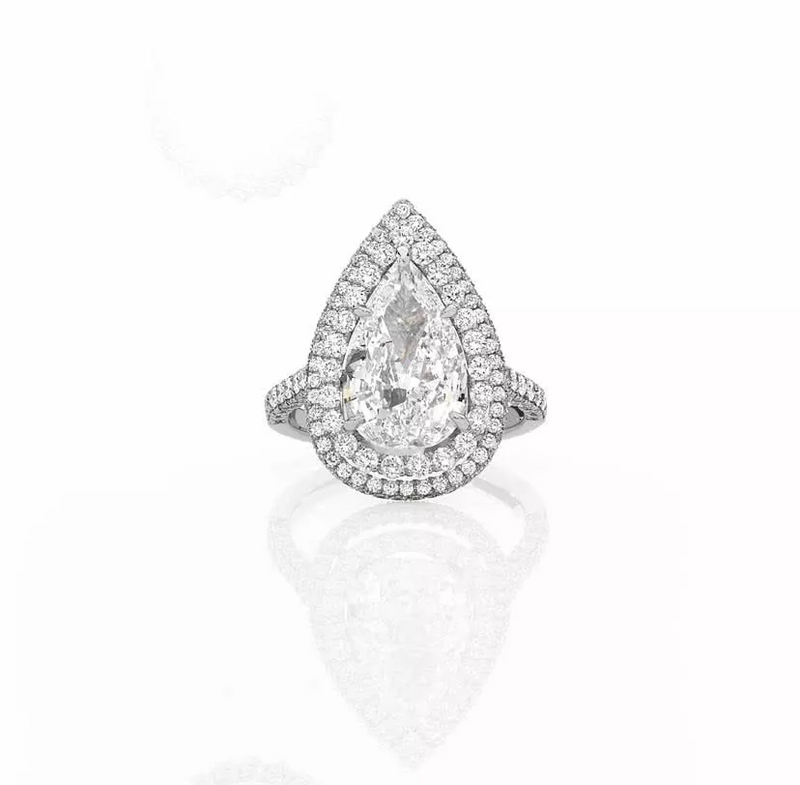 Platinum 3.01ct pear and round brilliant cut double halo pave set ring