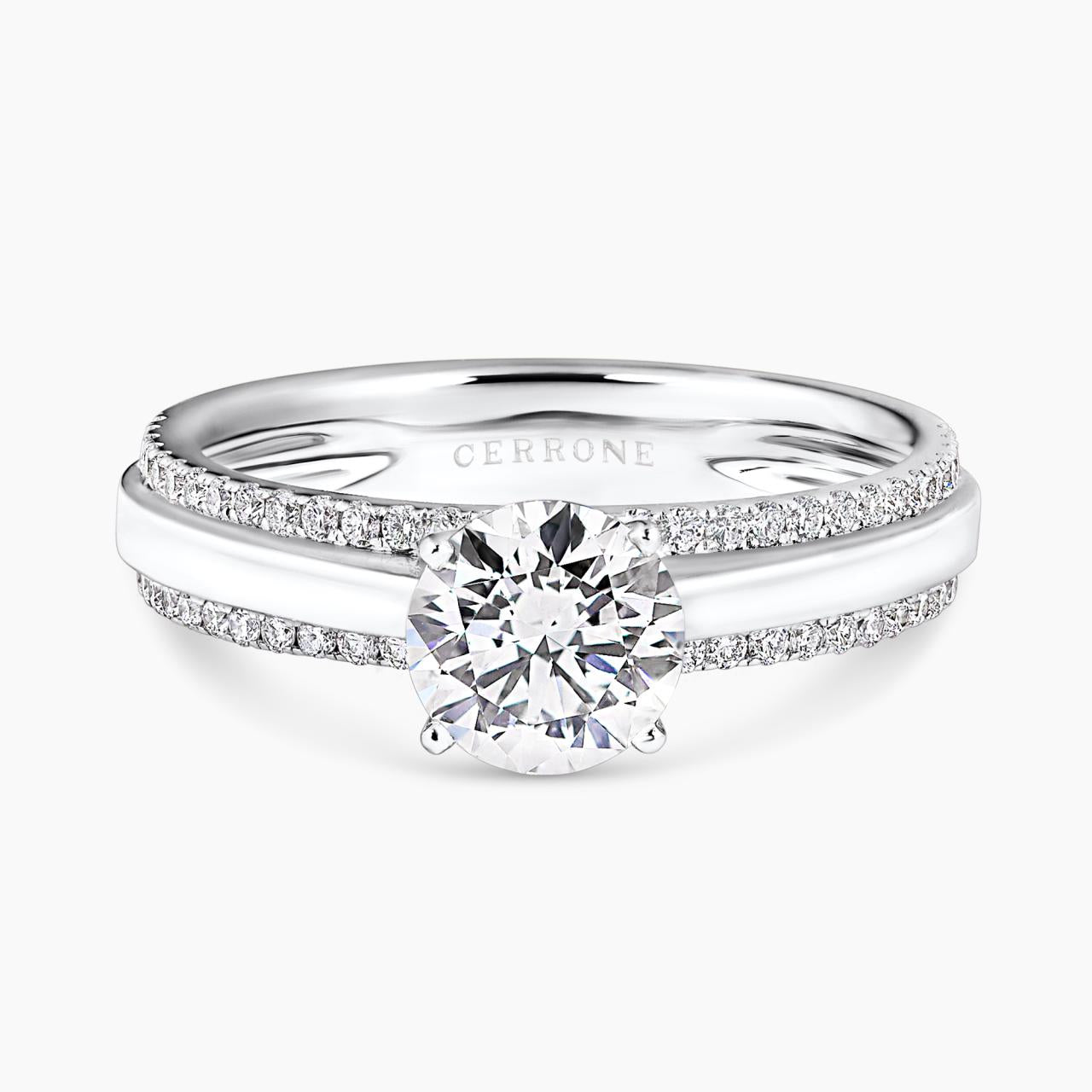 18ct white gold 1.02ct round brilliant cut diamond ring in a four claw setting with RBC diamonds in pave setting