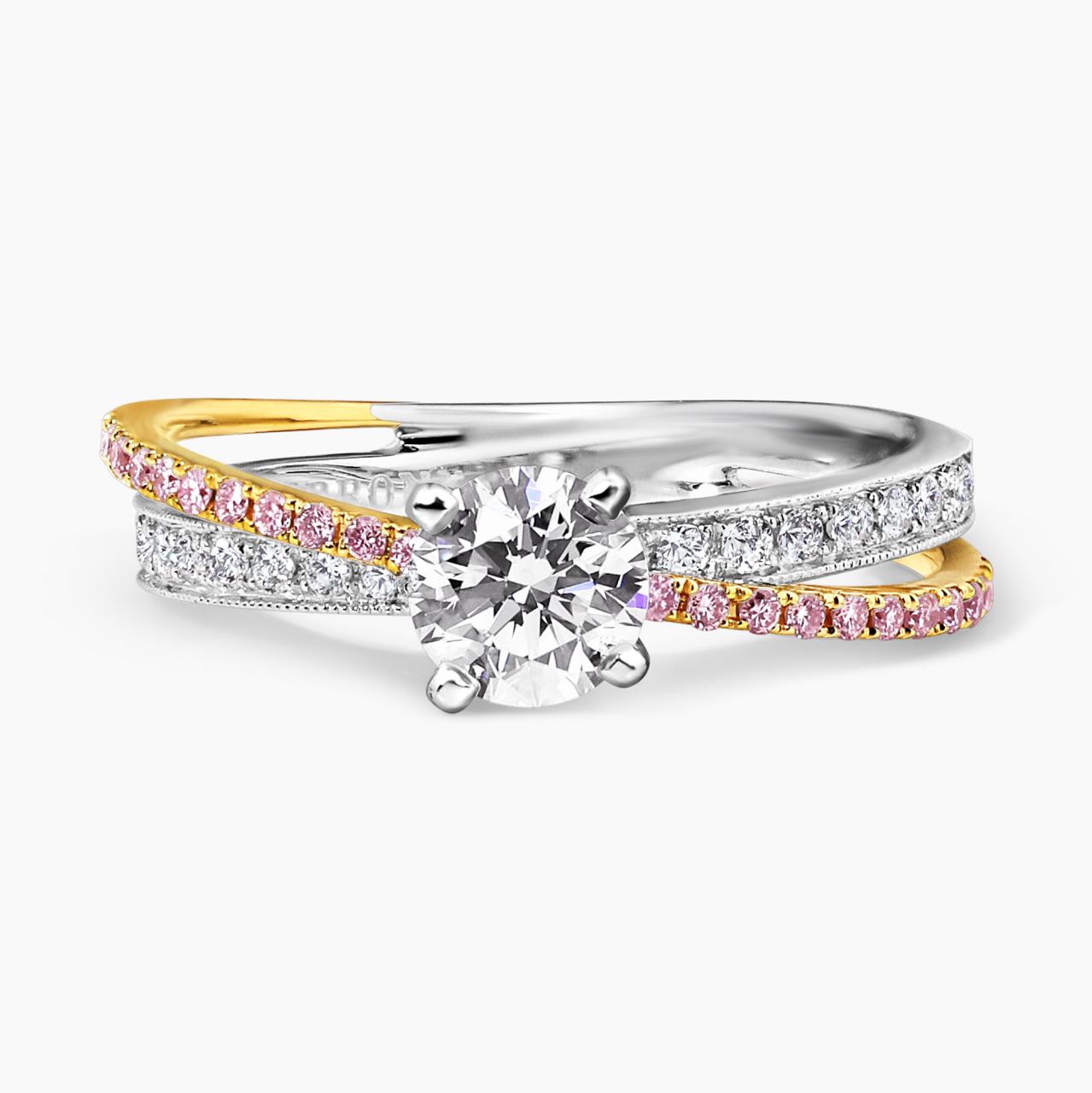 18ct White and Rose Gold 0.75ct Round Brilliant cut Diamond Ring with pink and white round diamonds on the band