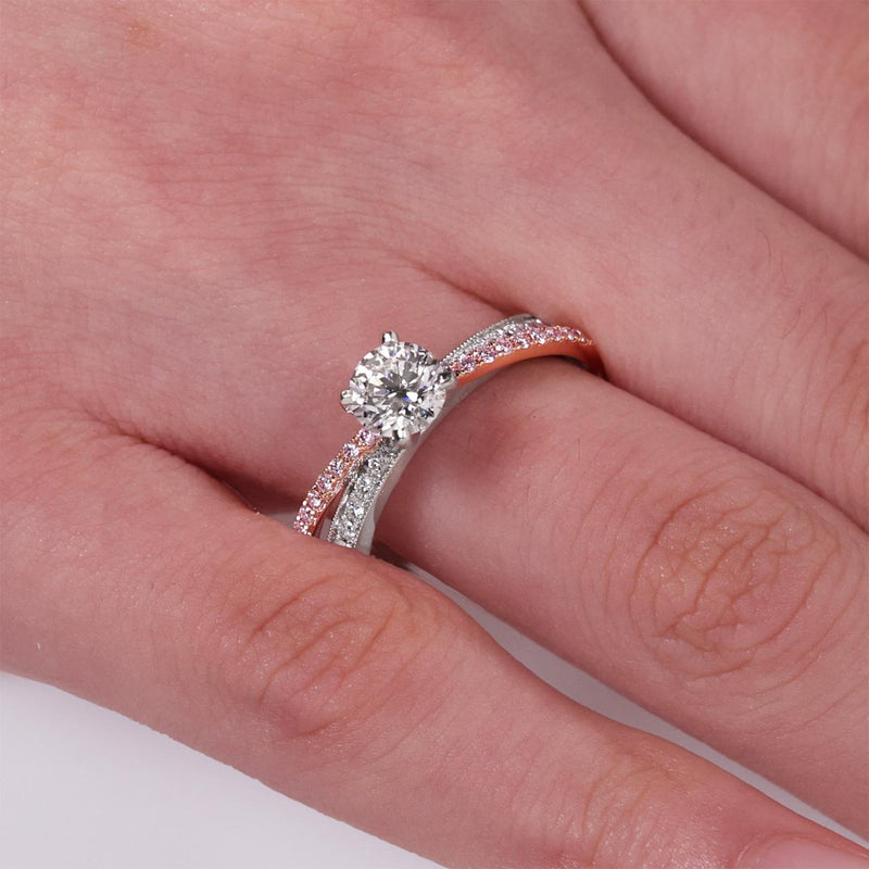 18ct White and Rose Gold 0.75ct Round Brilliant cut Diamond Ring with pink and white round diamonds on the band