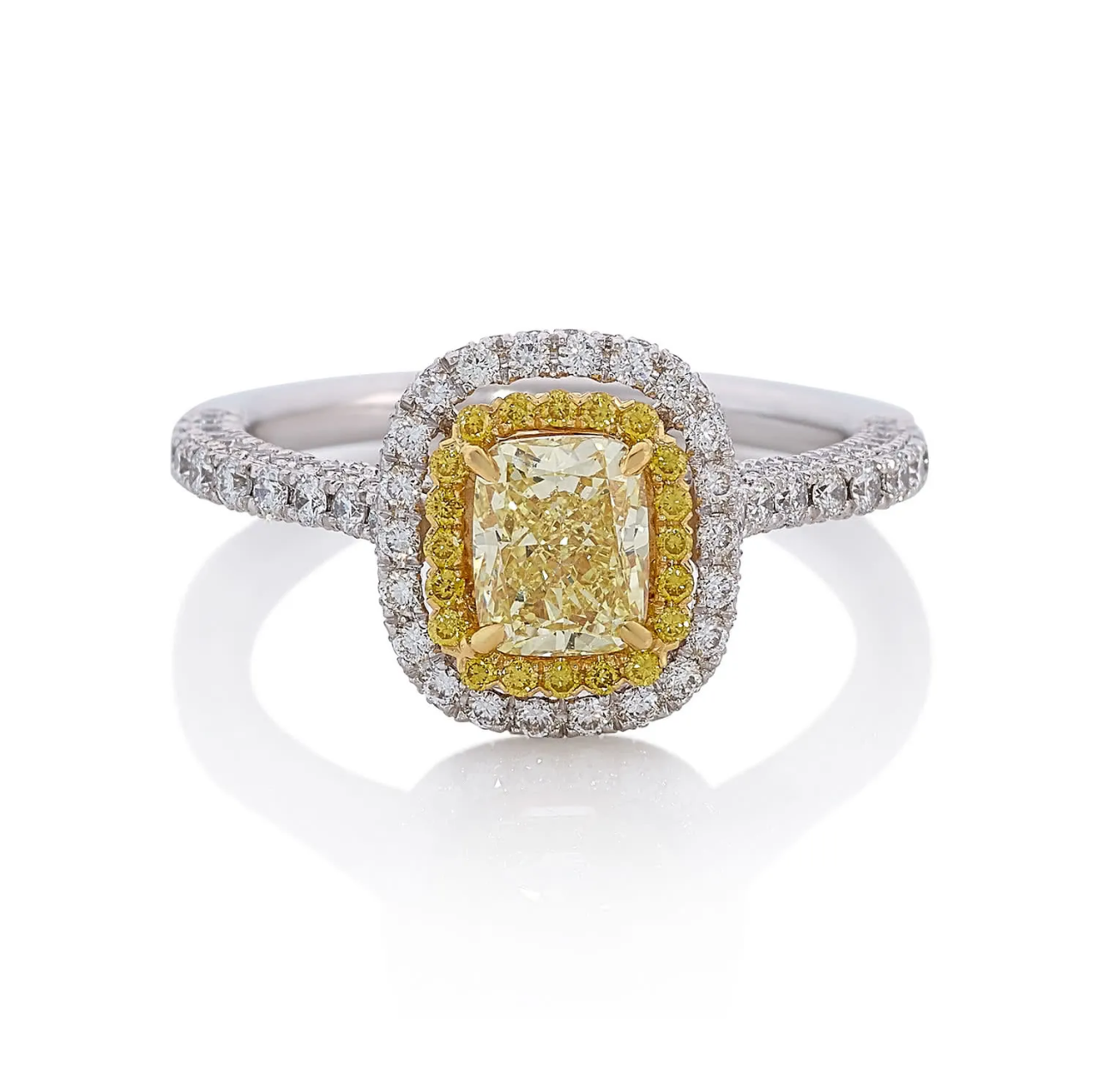 18ct white and yellow gold cushion cut fancy yellow and round brilliant cut white diamond double halo ring