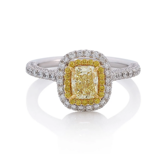18ct white and yellow gold cushion cut fancy yellow and round brilliant cut white diamond double halo ring