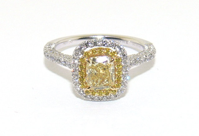 18ct white and yellow gold cushion cut fancy yellow and round brilliant cut white diamond double halo ring
