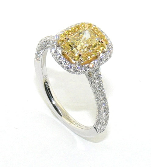 18ct white and yellow gold cushion cut fancy yellow and round brilliant cut white diamond double halo ring
