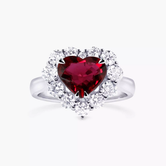 18ct white gold heart shape ruby and round brilliant cut diamond halo ring