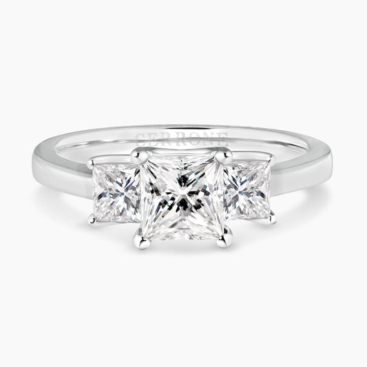 18ct White Gold 3 stone Engagement ring featuring a 1.02ct Princess Cut Diamond in the centre and Princess Cut Diamonds on either side