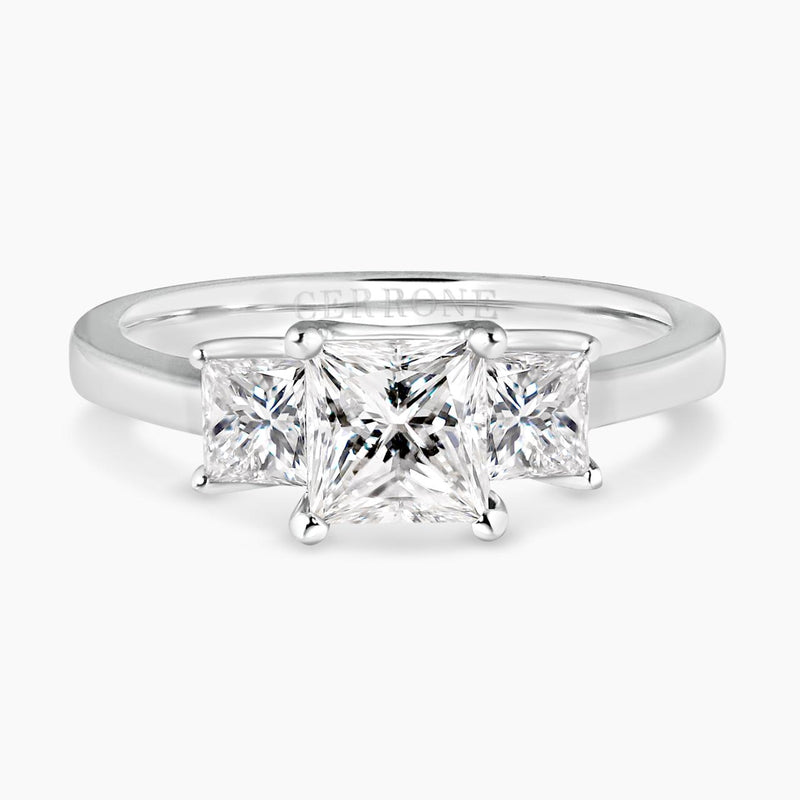 18ct White Gold 3 stone Engagement ring featuring a 1.02ct Princess Cut Diamond in the centre and Princess Cut Diamonds on either side
