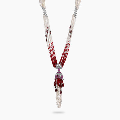 Fresh water pearl, red garnet, red agate beads tassel necklace with silver cubic zirconia clasp