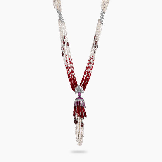 Fresh water pearl, red garnet, red agate beads tassel necklace with silver cubic zirconia clasp