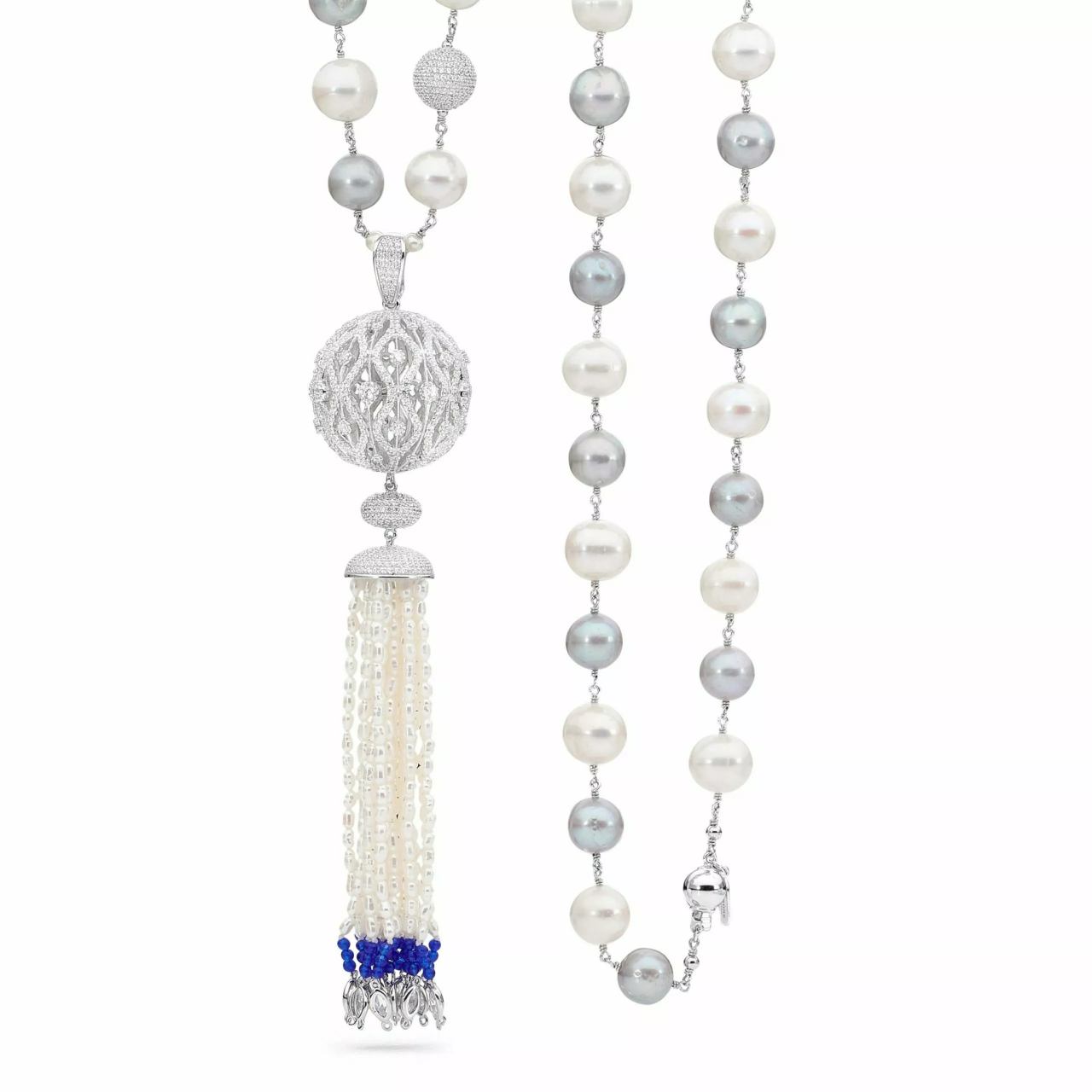 White and silver Freshwater pearls, cubic zirconia balls and blue lapis tassel pendant necklace