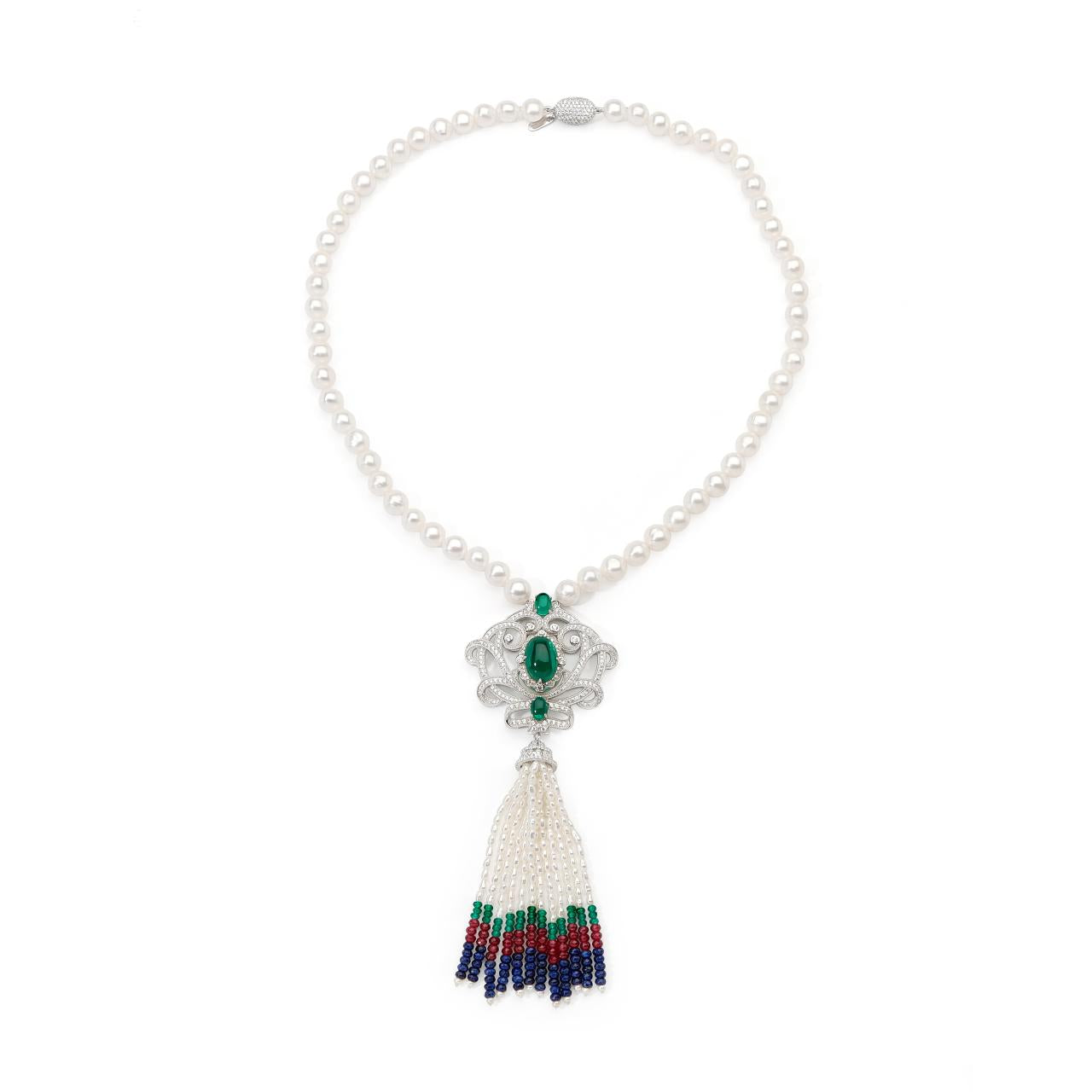 Green crystal, lapis izauli, red agate, green agate and fresh water pearl drop tassel necklace