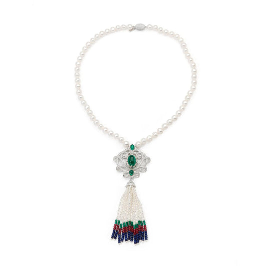 Green crystal, lapis izauli, red agate, green agate and fresh water pearl drop tassel necklace