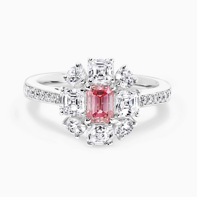 Platinum fancy intense purplish pink diamond, carre and round brilliant cut white diamond halo ring