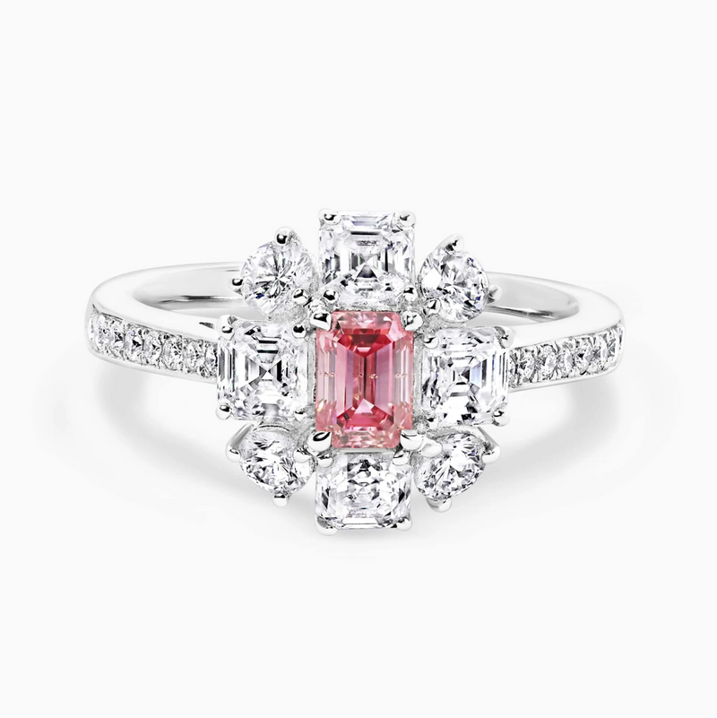 Platinum fancy intense purplish pink diamond, carre and round brilliant cut white diamond halo ring