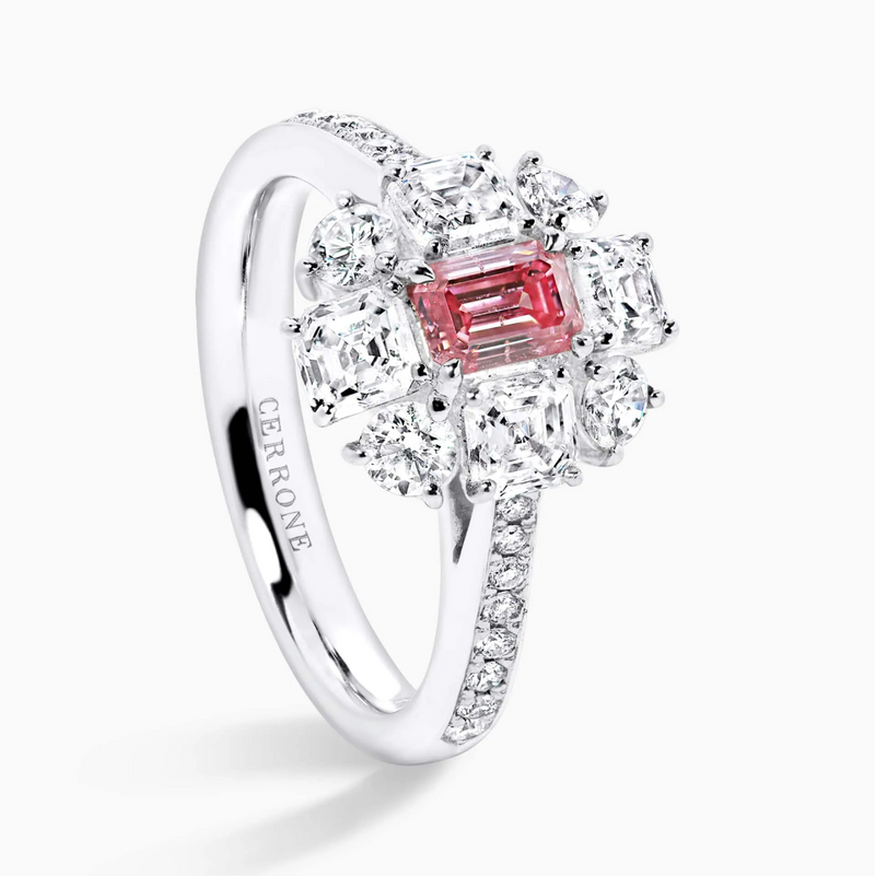 Platinum fancy intense purplish pink diamond, carre and round brilliant cut white diamond halo ring side profile