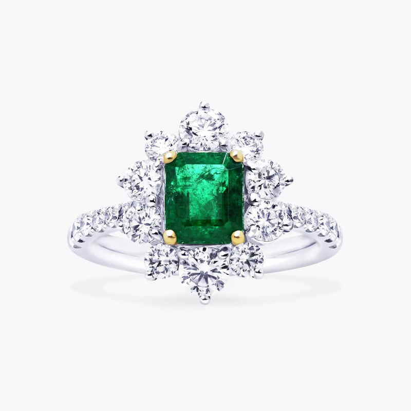 18ct white & yellow gold 1.22ct emerald and round brilliant cut diamond halo ring