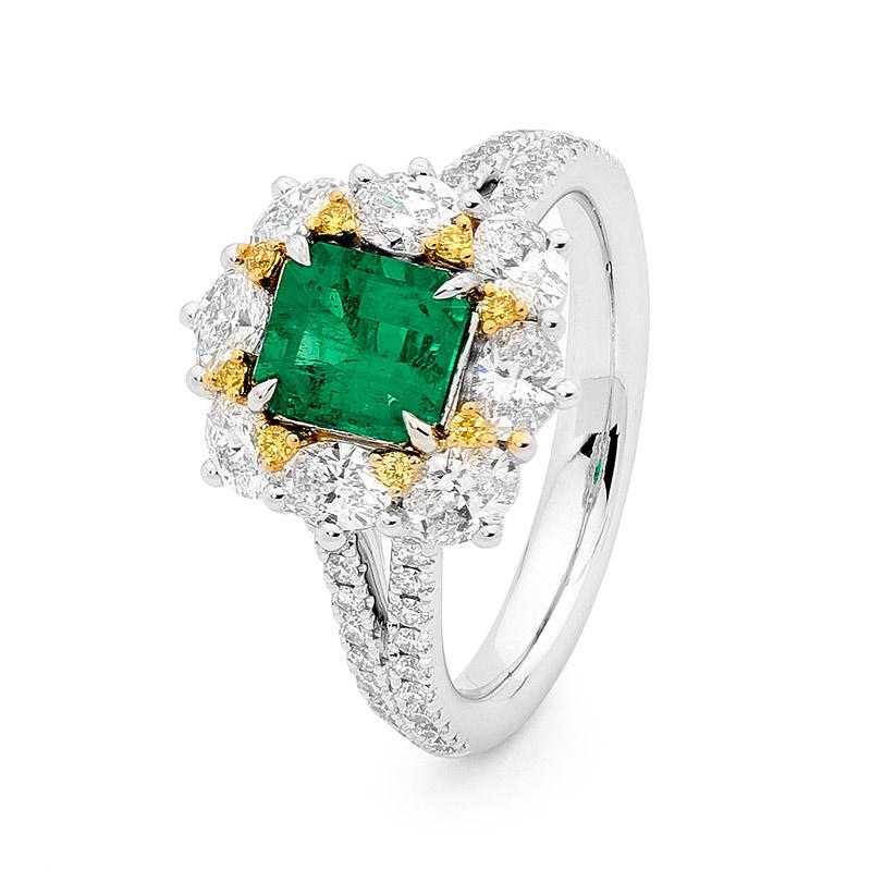 18ct white and yellow gold emerald, white and yellow diamond ring