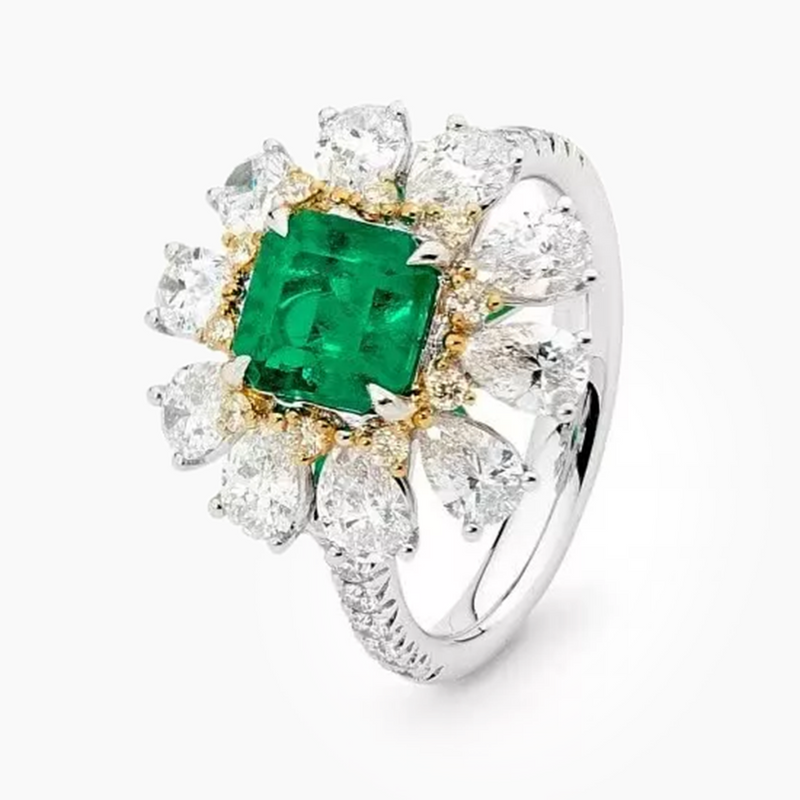 18ct white and yellow gold green emerald, yellow and white diamond ring side profile