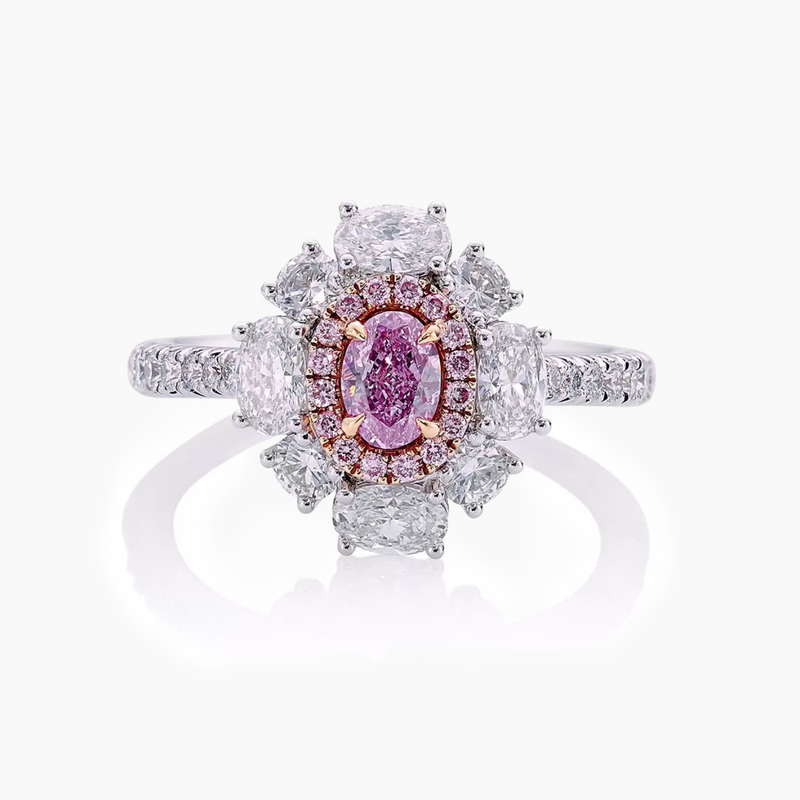 LA MIA STELLA - 18ct white and rose gold fancy intense oval pink and white diamond double halo ring
