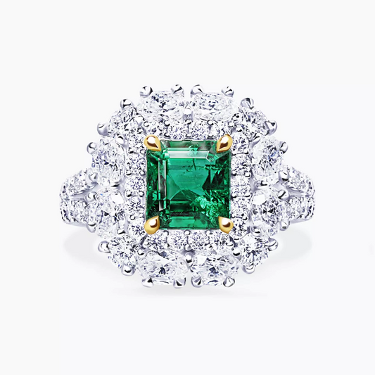 18ct white and yellow gold GRS certified 2.04ct vivid green Brazilian emerald, oval and round brilliant cut diamond double halo split band ring