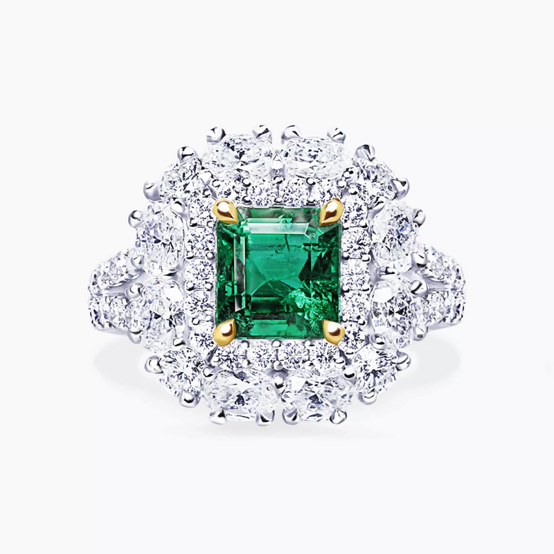 18ct white and yellow gold GRS certified vivid green Brazilian emerald, oval and round brilliant cut diamond double halo split band ring