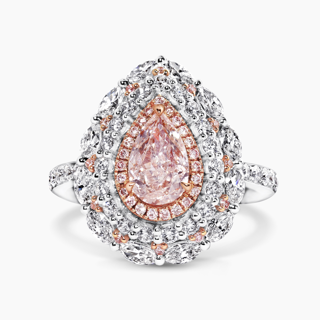 18ct white & rose gold pink pear shape diamond with pink diamonds & diamond halo ring