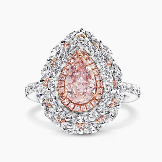 18ct white & rose gold pink pear shape diamond with pink diamonds & diamond halo ring