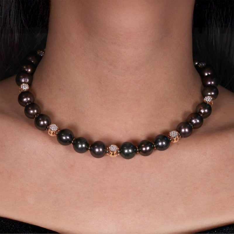 18ct Rose Gold Diamond and Fresh Water Black Pearl Necklace from the Carmela Cerrone Collection on the neck