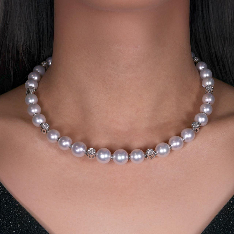18ct White Gold Diamond and South Sea Silver White Pearl Necklace from the Carmela Cerrone Collection on the neck