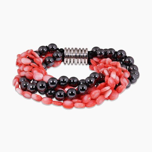 Coral and hemitite bracelet with a silver ribbed magnetic clasp from the Carmela Cerrone Collection