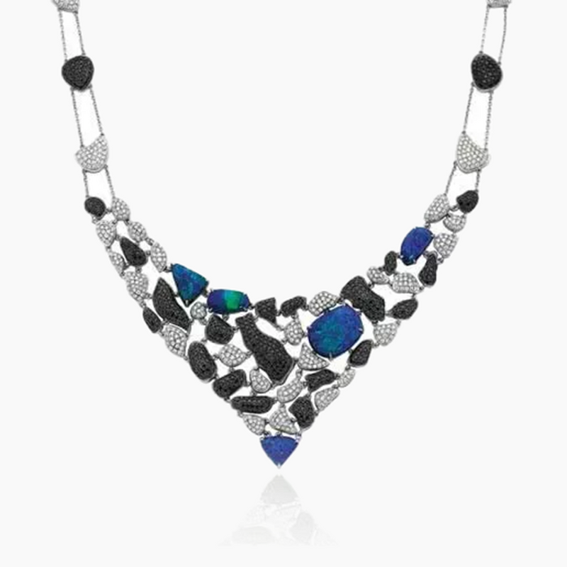18ct white gold opal black and white diamond necklace