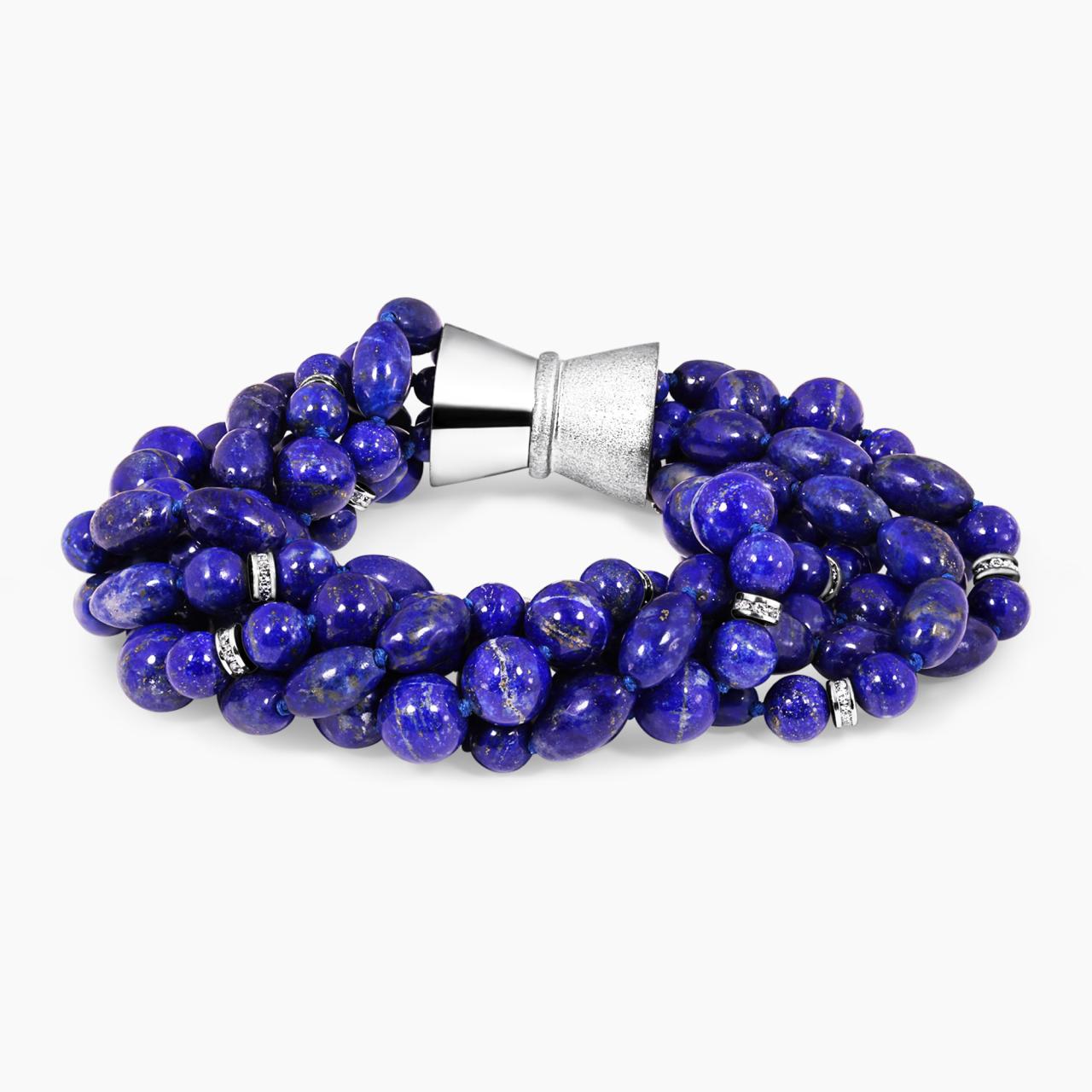 Blue lapis and sterling silver cubic zirconia rondels bracelet ended with a silver magnetic clasp from the Carmela Cerrone Collection