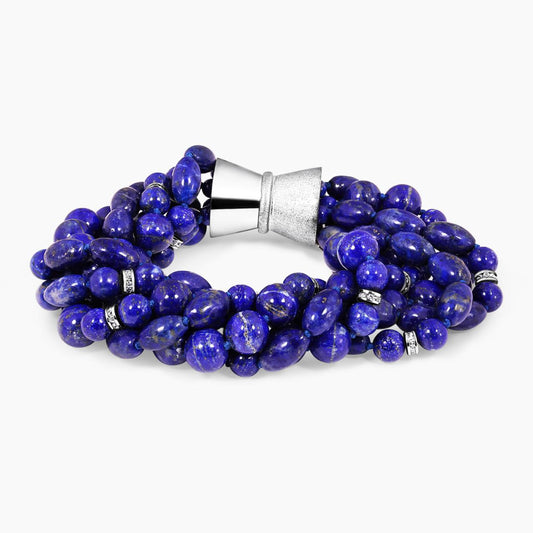 Blue lapis and sterling silver cubic zirconia rondels bracelet ended with a silver magnetic clasp from the Carmela Cerrone Collection