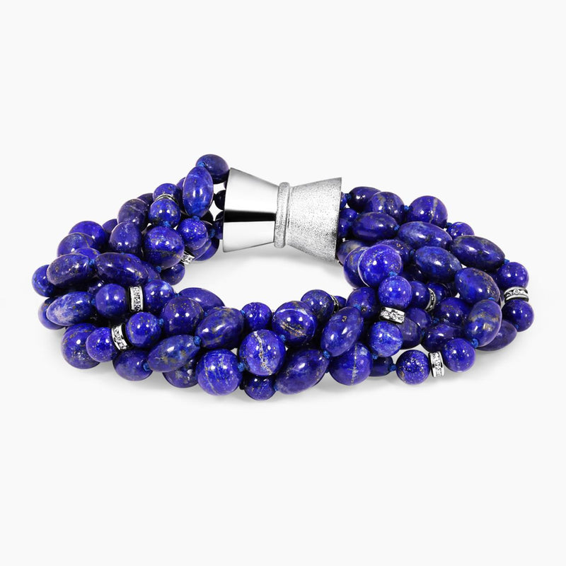 Blue lapis and sterling silver cubic zirconia rondels bracelet ended with a silver magnetic clasp from the Carmela Cerrone Collection