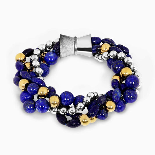 Three rows of mixed lapis lazuli and gold plated hematite beads and one row with silver plated hematite beads bracelet ended with a silver magnetic clasp