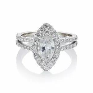 18ct white gold marquise diamond engagement ring with halo and split band