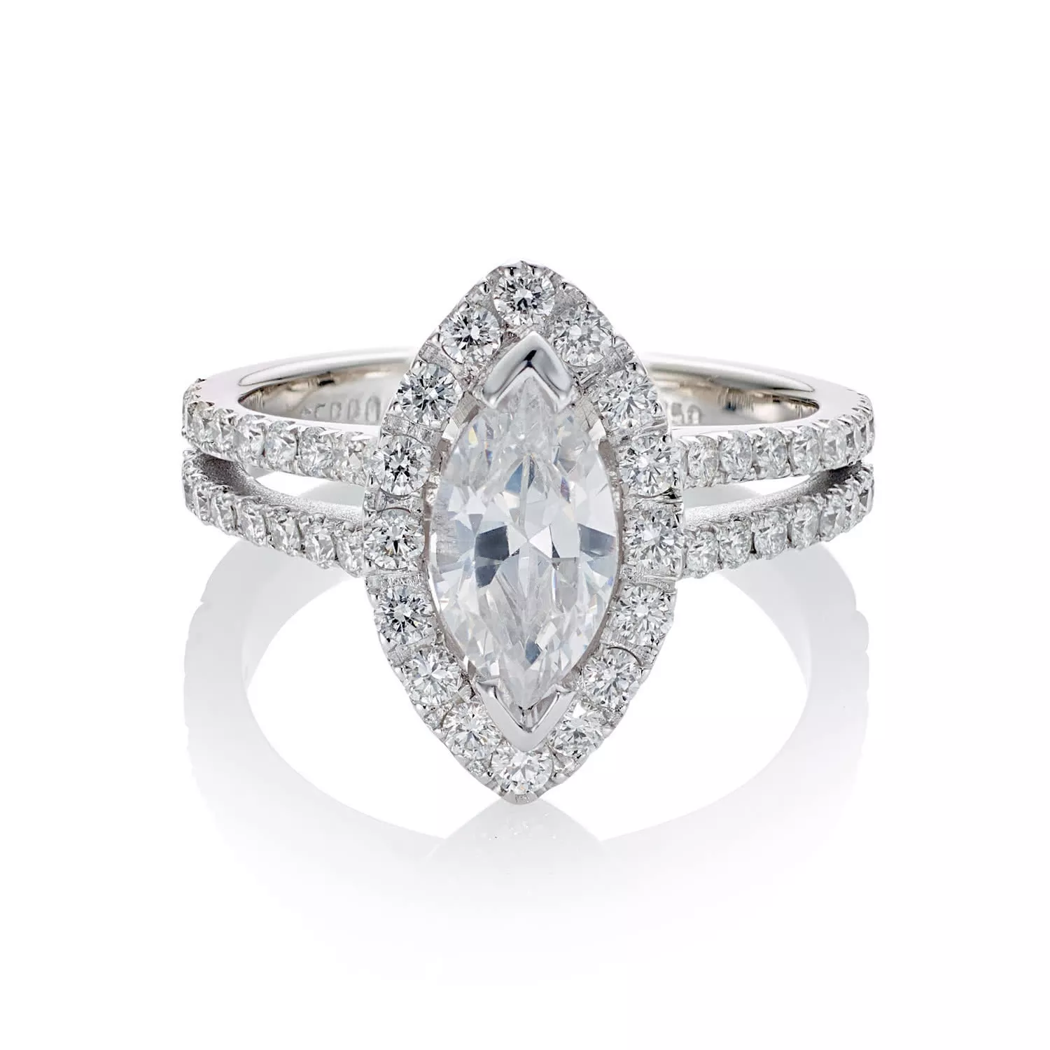 18ct white gold marquise diamond engagement ring with split band