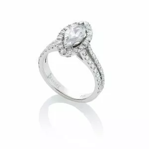 18ct white gold marquise diamond engagement ring with halo and split band