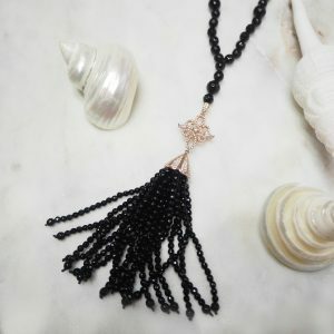 Rose gold silver cubic zirconia and onyx tassel necklace