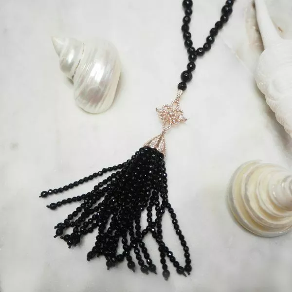 Rose gold silver cubic zirconia and onyx tassel necklace
