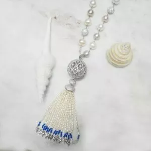 Silver cubic zirconia fresh water pearl & blue lapis tassel necklace