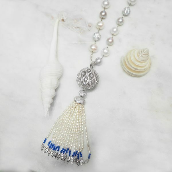 Silver cubic zirconia and fresh water pearl and blue lapis tassel necklace
