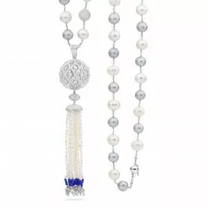 Silver cubic zirconia fresh water pearl & blue lapis tassel necklace