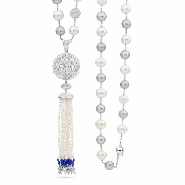 Silver cubic zirconia fresh water pearl & blue lapis tassel necklace
