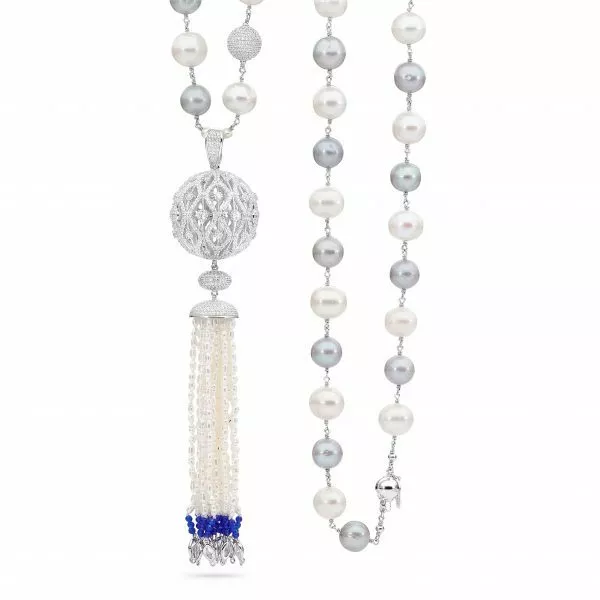 Silver cubic zirconia fresh water pearl & blue lapis tassel necklace