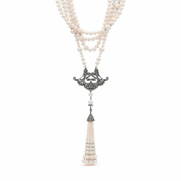 Silver cubic zirconia fresh water pearl tassel necklace