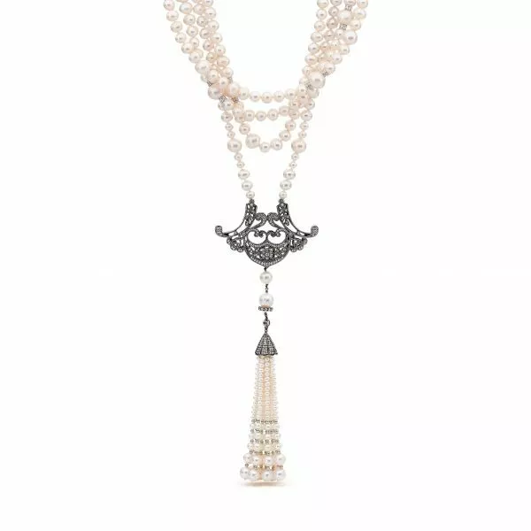 Silver cubic zirconia fresh water pearl tassel necklace